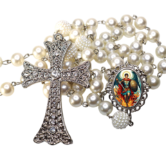 Terço Noiva Prata São Miguel Arcanjo Casamento Relicario em Perolas 12mm Homenagem - comprar online
