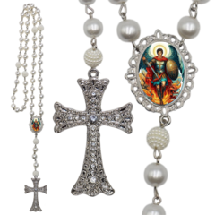 Terço Noiva Prata São Miguel Arcanjo Casamento Relicario em Perolas 12mm Homenagem