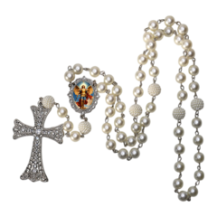 Terço Noiva Prata São Miguel Arcanjo Casamento Relicario em Perolas 12mm Homenagem - Lembrancinhas Religiosas