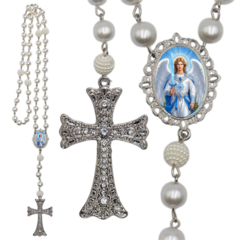 Terço Noiva Prata São Miguel Arcanjo Casamento Relicario em Perolas 12mm Homenagem