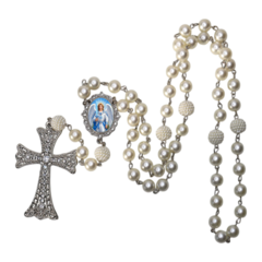 Terço Noiva Prata São Miguel Arcanjo Casamento Relicario em Perolas 12mm Homenagem - Lembrancinhas Religiosas