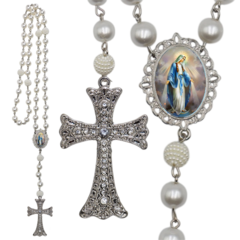 Terço Noiva Prata Nossa Senhora das Graças Casamento Relicario em Perolas 12mm Homenagem