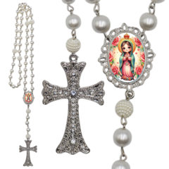 Terço Noiva Prata Nossa Senhora de Guadalupe Casamento Relicario em Perolas 12mm Homenagem