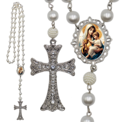 Terço Noiva Prata Nossa Senhora da Saude Casamento Relicario em Perolas 12mm Homenagem