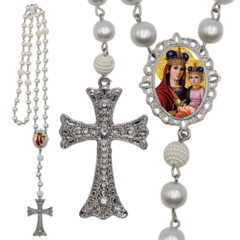 Terço Noiva Prata Nossa Senhora da Saude Casamento Relicario em Perolas 12mm Homenagem