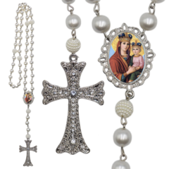 Terço Noiva Prata Nossa Senhora da Saude Casamento Relicario em Perolas 12mm Homenagem