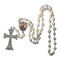 Terço Noiva Prata Nossa Senhora da Saude Casamento Relicario em Perolas 12mm Homenagem - Lembrancinhas Religiosas