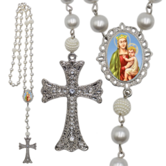 Terço Noiva Prata Nossa Senhora da Saude Casamento Relicario em Perolas 12mm Homenagem