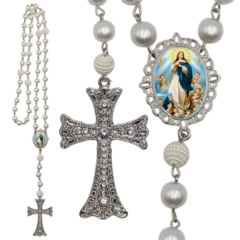 Terço Noiva Prata Nossa Senhora da Conceição Casamento Relicario em Perolas 12mm Homenagem
