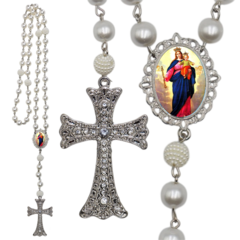 Terço Noiva Prata Nossa Senhora da Conceição Casamento Relicario em Perolas 12mm Homenagem