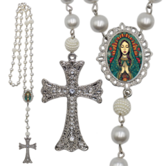 Terço Noiva Prata Santa Maria Casamento Relicario em Perolas 12mm Homenagem