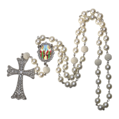 Terço Noiva Prata São Cosme e Damião Casamento Relicario em Perolas 12mm Homenagem - Lembrancinhas Religiosas