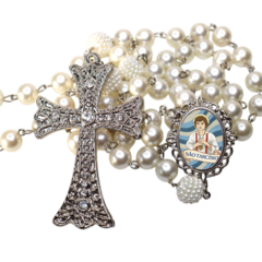 Terço Noiva Prata São Tarcisio Casamento Relicario em Perolas 12mm Homenagem - comprar online