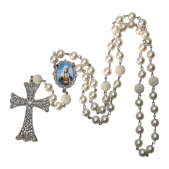 Terço Noiva Prata Santa Catarina de Sena Casamento Relicario em Perolas 12mm Homenagem - Lembrancinhas Religiosas