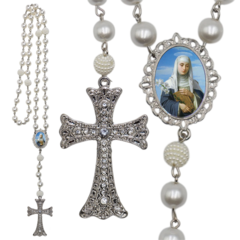Terço Noiva Prata Santa Catarina de Sena Casamento Relicario em Perolas 12mm Homenagem