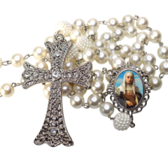 Terço Noiva Prata Santa Catarina de Sena Casamento Relicario em Perolas 12mm Homenagem - comprar online