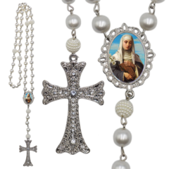 Terço Noiva Prata Santa Catarina de Sena Casamento Relicario em Perolas 12mm Homenagem
