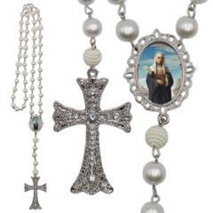 Terço Noiva Prata Santa Catarina de Sena Casamento Relicario em Perolas 12mm Homenagem