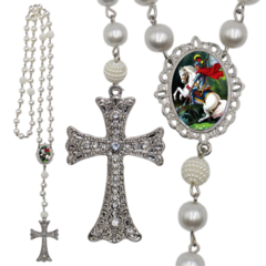 Terço Noiva Prata São Jorge Casamento Relicario em Perolas 12mm Homenagem