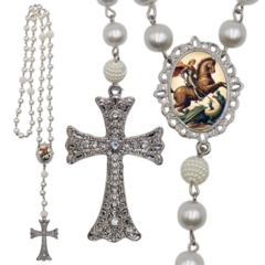 Terço Noiva Prata São Jorge Casamento Relicario em Perolas 12mm Homenagem