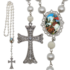 Terço Noiva Prata São Jorge Casamento Relicario em Perolas 12mm Homenagem