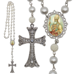 Terço Noiva Prata Santo Agostinho Casamento Relicario em Perolas 12mm Homenagem