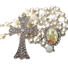 Terço Noiva Prata Santo Agostinho Casamento Relicario em Perolas 12mm Homenagem - comprar online