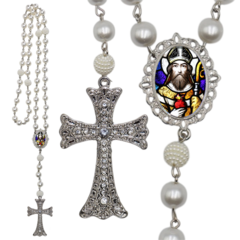 Terço Noiva Prata Santo Agostinho Casamento Relicario em Perolas 12mm Homenagem