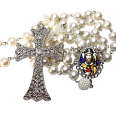 Terço Noiva Prata Santo Agostinho Casamento Relicario em Perolas 12mm Homenagem - comprar online