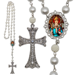 Terço Noiva Prata Santo Agostinho Casamento Relicario em Perolas 12mm Homenagem