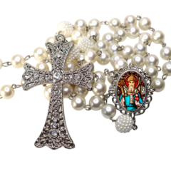 Terço Noiva Prata Santo Agostinho Casamento Relicario em Perolas 12mm Homenagem - comprar online