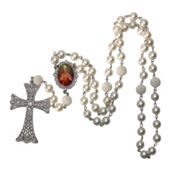 Terço Noiva Prata Santo Agostinho Casamento Relicario em Perolas 12mm Homenagem - Lembrancinhas Religiosas