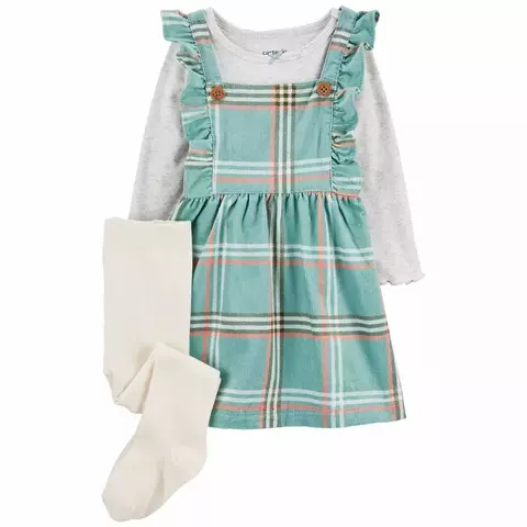 Jardineira Salopete 3pç Verde Xadrez Carter's