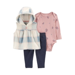 Conjunto 3pç Colete Fleece Xadrez Com Capuz Carter's