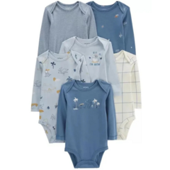 Kit Body 6pç Manga Longa Azul DInossauro Carter's
