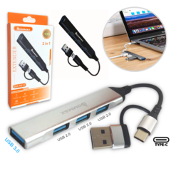 HUB TIPO C 4USB C/3 PORTAS USB 2.0 / 1 USB 3.0 2 IN 1 BOMMAX BM-A612
