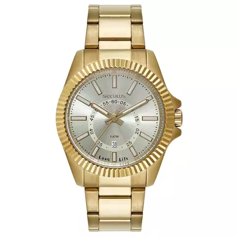 Relógio Masculino Aço Catraca Facetada Dourado