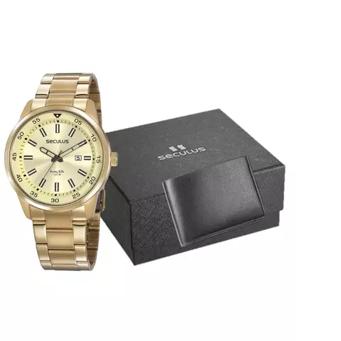 Kit Relógio Masculino Casual Aço Dourado com Carteira