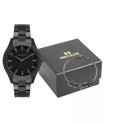 Kit Relógio Feminino Preto Glitter Cristais e Pulseira