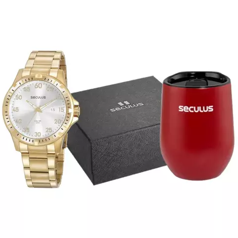 Kit Relógio Masculino Calendário Dourado com Copo Térmico