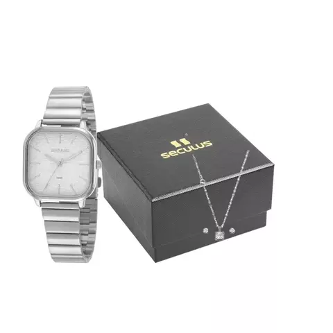 Kit Relógio Feminino Prata Colar e Brincos Strass