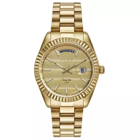 Relógio Feminino Dourado Catraca Facetada Calendário