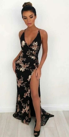 Vestido negro con flores doradas