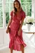 Feminino Red Dot Print Boho Vestido Longo de Chiffon, Floral Decote V, Dobra Ruf - CR vestirshop