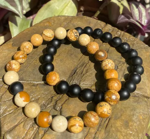 Dúo Brazalete Jaspe Madera + Ónix Negro