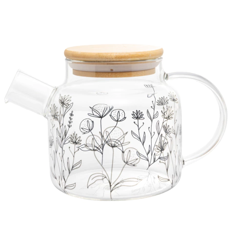Chaleira de Vidro Borosilicato com Tampa de Bambu Flor 600ml