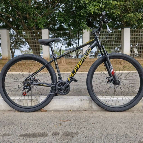 Bicicleta Alumínio Aro 29 Alfameq AFX, 21 velocidades Index, Garfo de Suspensão, Freio Mecânico, Quadro 21 - Preto com Amarelo