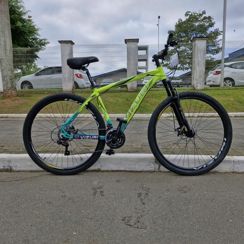 Bicicleta Alumínio Aro 29 Vizuri Tracker, 21 velocidades, Cambios Shiamano, Quadro 19 - Amarelo Neon com Verde Neon