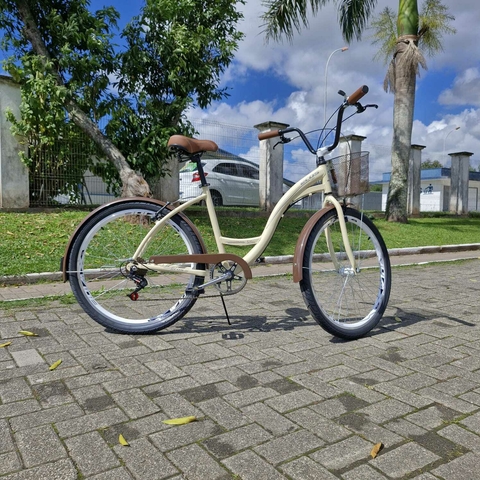 Bicicleta Alumínio aro 26 ECOS SLIM Quadro 16, 6 Velocidades, Freio V-Brake, Selim 2 Molas - Bege com Marrom