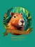 Detalhe da lustração de capivara em fundo verde, representando o estilo de vida do animal.